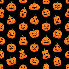 Halloween pumpkin pattern. Party celebration creepy decoration of pumpkins with Jack faces. Vector print
