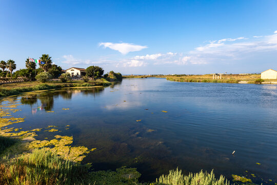 Cabras pond with a fish farm, Cabras, Oristano, Sardinia, Italy, Europe