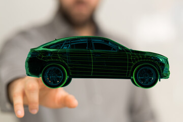 Hologram auto, futuristic polygonal model auto.