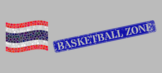 Mosaic waving Thailand flag constructed of round points, and grunge Basketball Zone rectangle stamp. Vector round elements are grouped into waving Thailand flag mosaic.
