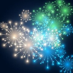 Fototapeta premium Festive fireworks with brightly shining sparks. Colorful firecrackers and celebration lights in night sky. Happy new year sparkle. Realistic fireworks celebration vector background.
