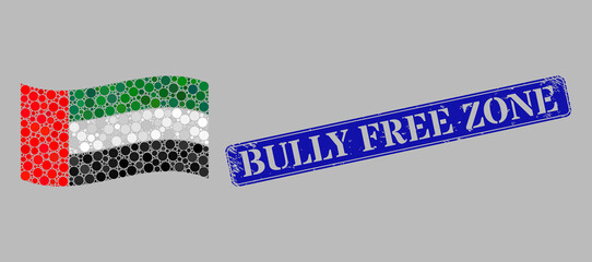 Mosaic waving United Arab Emirates flag designed of circle points, and distress Bully Free Zone rectangle stamp seal. Vector circle elements are organized into windy United Arab Emirates flag mosaic.