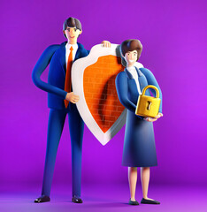 3D rendering illustration. Business people holding lock and shield. Data protection, security. Symbol of help, support, advisory and solving problems. 