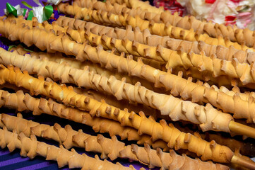 Ukrainian traditional ceremonial bread. Wedding treat from sweet dough. Diven.
