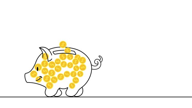 Coins fall into a piggy bank. The set includes dollars, euro, franc, bitcoin, yen (yuan, renminbi), sterling pound, noname coin. In and out animation with alpha channel