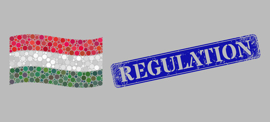 Mosaic waving Hungary flag created with circle dots, and distress Regulation rectangle watermark. Vector circle elements are combined into waving Hungary flag illustration.