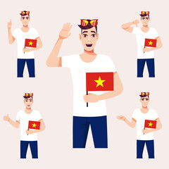 A handsome man with the Vietnamese flag. A set of fan emotions. Vector illustration on cartoon style.