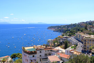 Mediterranean landscape. Sea view of the Gulf of Naples and the silhouette of the island of Capri in the distance. The province of Campania. Italy.