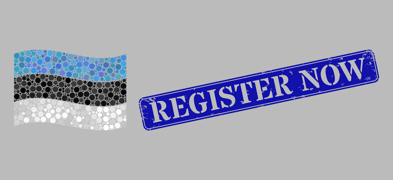 Mosaic waving Estonia flag constructed of round dots, and distress Register Now rectangle stamp seal. Vector dots are organized into waving Estonia flag mosaic.