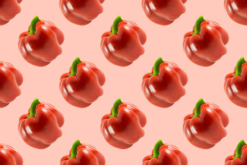 Seamless vegetable pattern of red bell peppers on pink background. Symmetrical texture. Flat lay.