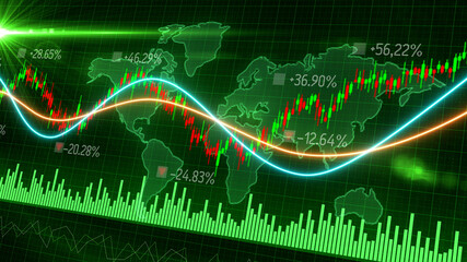 3D Motion of red green candlestick graph chart of stock market trading with world map background, Bullish Bearish stock point. Economy trends charts for business. Financial investment concept