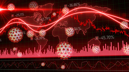 Motion of red candlestick graph volume MACD graph chart of stock market trading with 3D rendering corona virus, Bullish Bearish stock point. Economy trends charts for business with covid-19 virus.