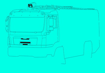 Nicht fertige Zeichnung eines Feuerwehrautos auf einem blauen hintergrund