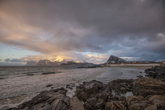 Coastal beach landscape, Stor Sandnes, Flakstad, Lofoten, Nordland, Norway
