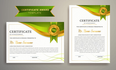 Certificate of achievement template, gold and green color. Diploma vector template. Certificate border with luxury and modern line pattern template. Creative and modern certificate.