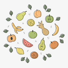 Naklejka na ściany i meble Hand drawing set of fruits. Colorful sketch in doodle style. The set includes icons as apple, pear, peach, pineapple, apricot, watermelon, lemon, orange, banana. Vector illustration.