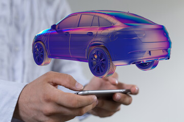 Hologram auto, futuristic polygonal model auto.