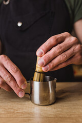 Classic bamboo whisk for matcha whisk in a special vessel, cha van, beat matu