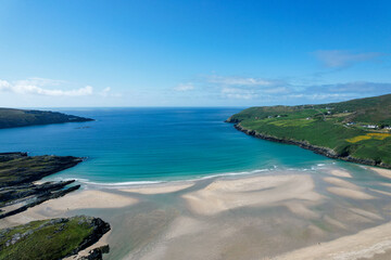 Aerial view of Barleycove beach, a gently curving golden beach formed of an extensive landscape...