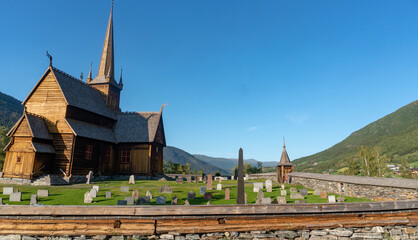 Medival wooden Lom Stave Church  Lom stavkyrkje from twelve century. Fossbergom, Lom, Norway.