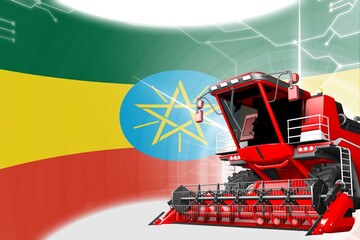 Obraz na płótnie Canvas Digital industrial 3D illustration of red advanced rye combine harvester on Ethiopia flag - agriculture equipment innovation concept
