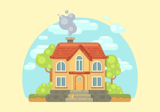 Cute tiny house.Cute colorful flat style house.Cartoon home and rural cottage.Vector illustration isolated on white background for web and graphic design.Flat style vector illustration.Cartoon house
