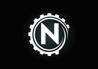 Initial N monogram alphabet in a gear spiral. Gear engineer logo design. Logo for automotive, mechanical, technology, setting, repair business, and company identity