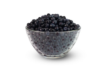 Fresh blueberries in a glass bowl isolated on white background. Close-up.