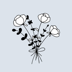 Bunch of flowers vector line art illustration with white fill. Botanical composition for romantic holiday, Valentines day, wedding and decoration design. Line art floral arrangement. Vector art