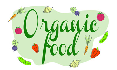 Organic products logo. Healthy organic eco vegetarian food. Logo of fresh agricultural products.