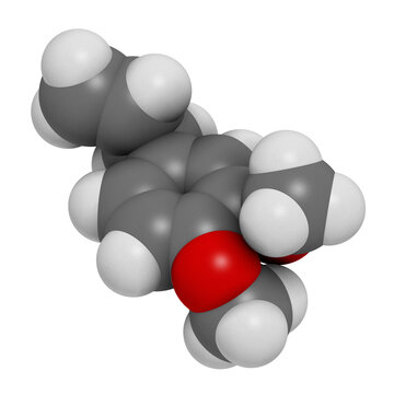 Methyl eugenol molecule. 3D rendering. Atoms are represented as