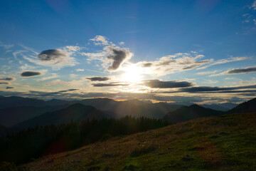 Landscape, sunset of the Alps mountains in Austria.