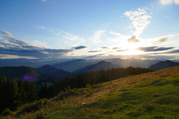 Landscape, sunset of the Alps mountains in Austria.