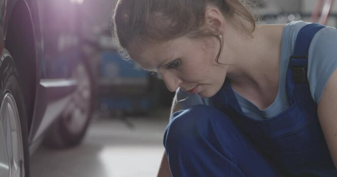 Female mechanic checking tire pressure