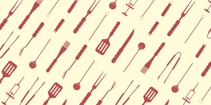 BBQ, grill accessories, popular grilling utensils tools background, pattern. Colorful flat isolated vector illustration. Thermometer, meat Injector, claws, fork, tongs, spatula, skewer, knife, brush. 