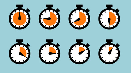  A set of timer and stopwatches. Countdown  5, 10, 15, 20,30,40,45,60 minutes. Vector illustration