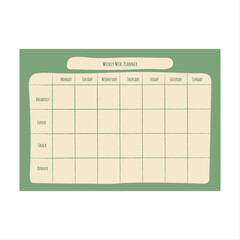 Weekly food planner in green, breakfast, lunch, snack, dinner. Healthy food planners template. Planner vector.