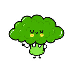 Cute funny broccoli waving hand character. Vector hand drawn cartoon kawaii character illustration icon. Isolated on white background. Broccoli character concep