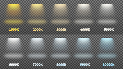Vector illustration set of light from lamps, spotlights. Color temperature from 1000 to 10000 Kelvin. - obrazy, fototapety, plakaty