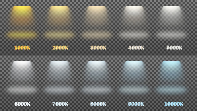 Vector Illustration Set Of Light From Lamps, Spotlights. Color Temperature From 1000 To 10000 Kelvin.