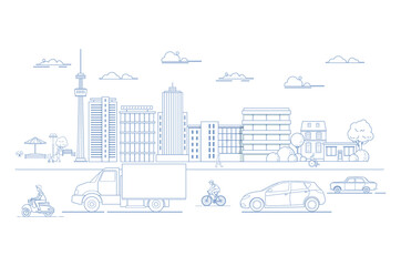 Set of various city design elements building, office, vehicle, park skyline illustration