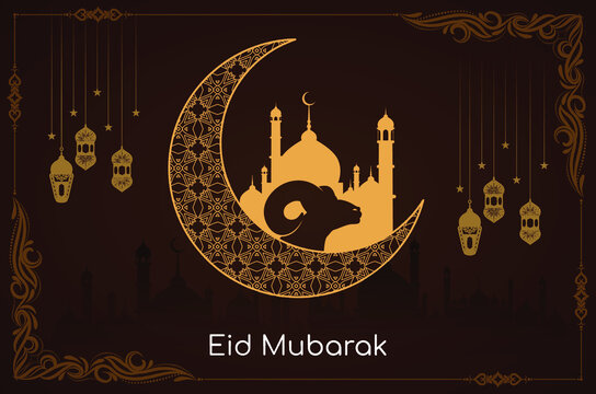 eid mubarak festival islamic card with frame crescent moon and Eid Al Adha mubarak bakrid