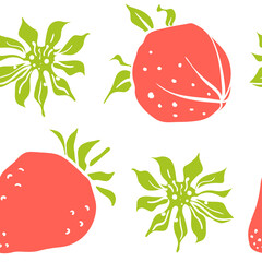 Seamless pattern with strawberry. Colorful paper cut collection of wild and garden berries and leaves in  style isolated on white background. Doodle hand drawn vector illustration