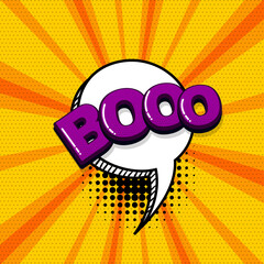 Boo scare halloween comic text sound effects pop art style. Vector speech bubble word and short phrase cartoon expression illustration. Comics book colored background template.