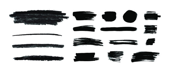 Vector Charcoal and Ink Black Strokes Set, Graphic Black Drawing, Design Elements Isolated on White Background. 
