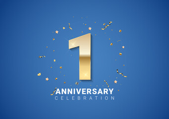 1 anniversary background with golden numbers, confetti, stars on bright blue background. Vector Illustration