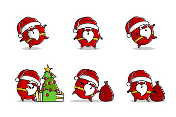 Flat Santa logo in line art style. Cute cartoon Santa Claus logo variety set. Collection of Christmas vector illustration.
