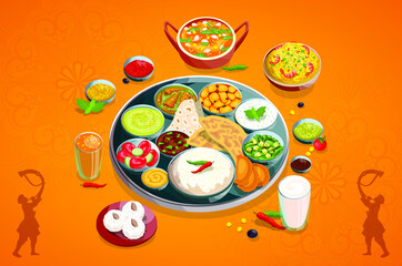 illustration of Traditional Maharashtrian cuisine and food meal thali of Maharashtra India, Tutari Man