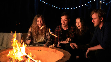 A group of happy young friends near a campfire at glamping, night