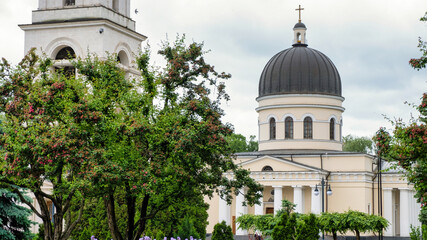 Central cathedral and belltower in the center of Chisinau, Moldova